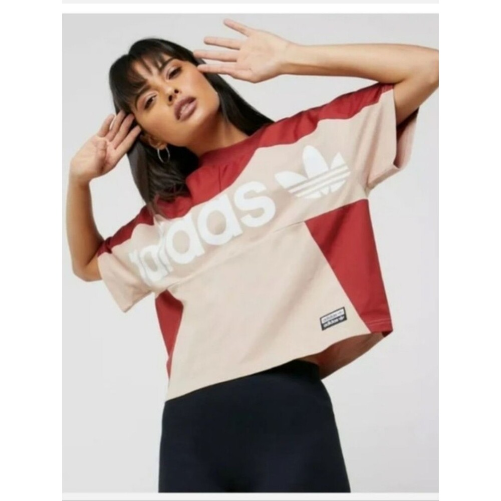 adidas Colorblock Cropped Logo Tee - Burgundy & Beige - Picture 2 of 6